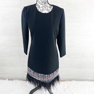 Milly Ostrich Feather Embroidered Hem Wool Blend Shift Dress